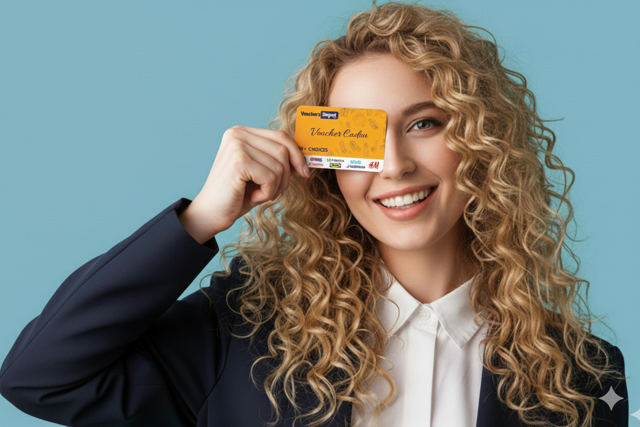 Clientă fericită care ține un card cadou Vouchers Depot, soluția simplă pentru a oferi bucurie instant, online.